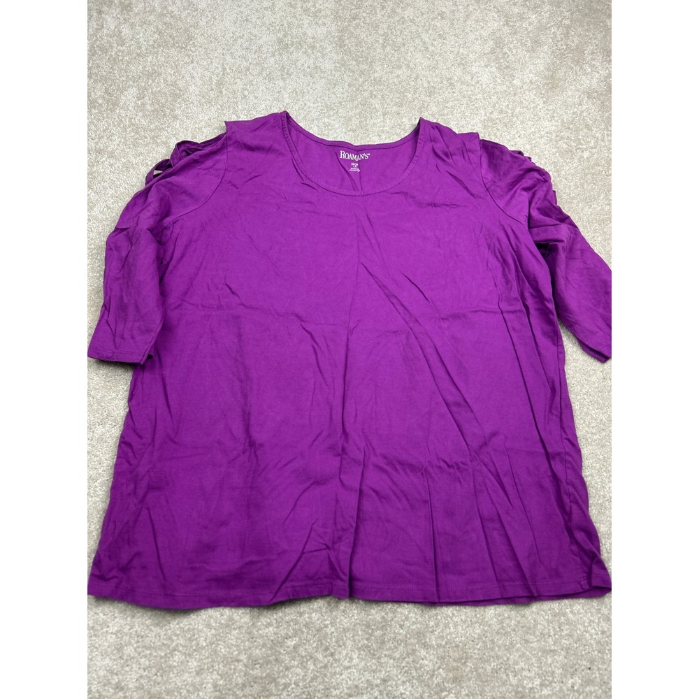 Roaman's Plus Size 22/24 1X Purple Cotton Top Lattice Cutout 3/4 Sleeve